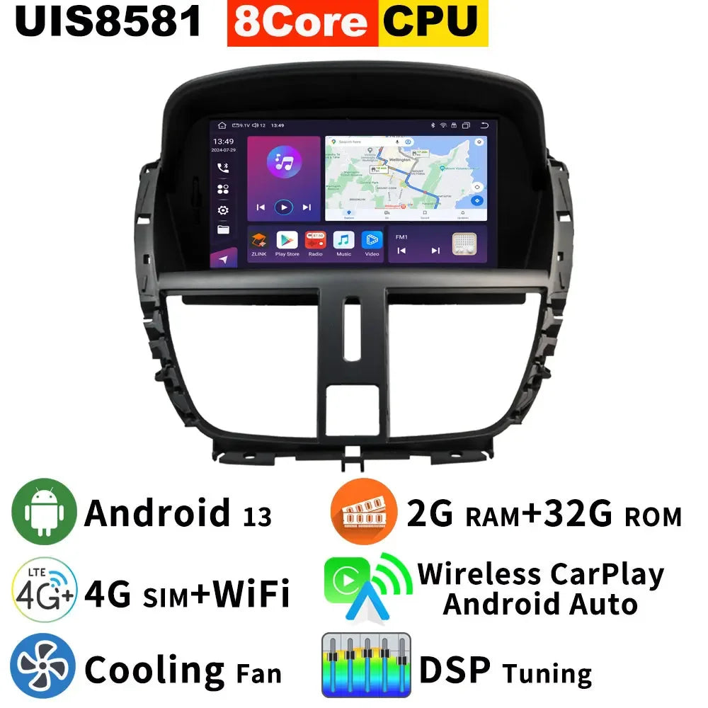 Autoradio Android 13 pour Peugeot 206+ (2006-2015) avec GPS, CarPlay et Bluetooth