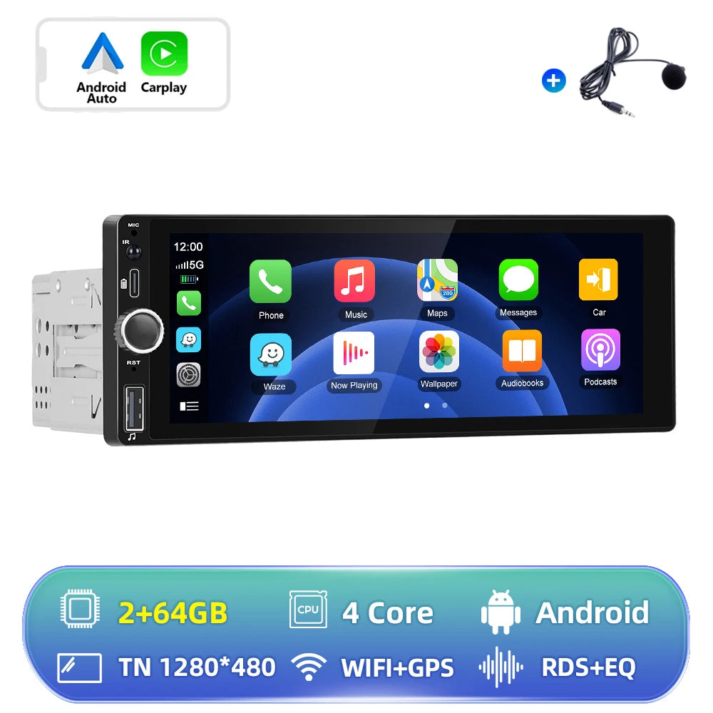 CarPlay Autoradio Android 1Din 6.86" GPS Navigation Player avec Android Auto, FM, WiFi, USB et Caméra de Recul