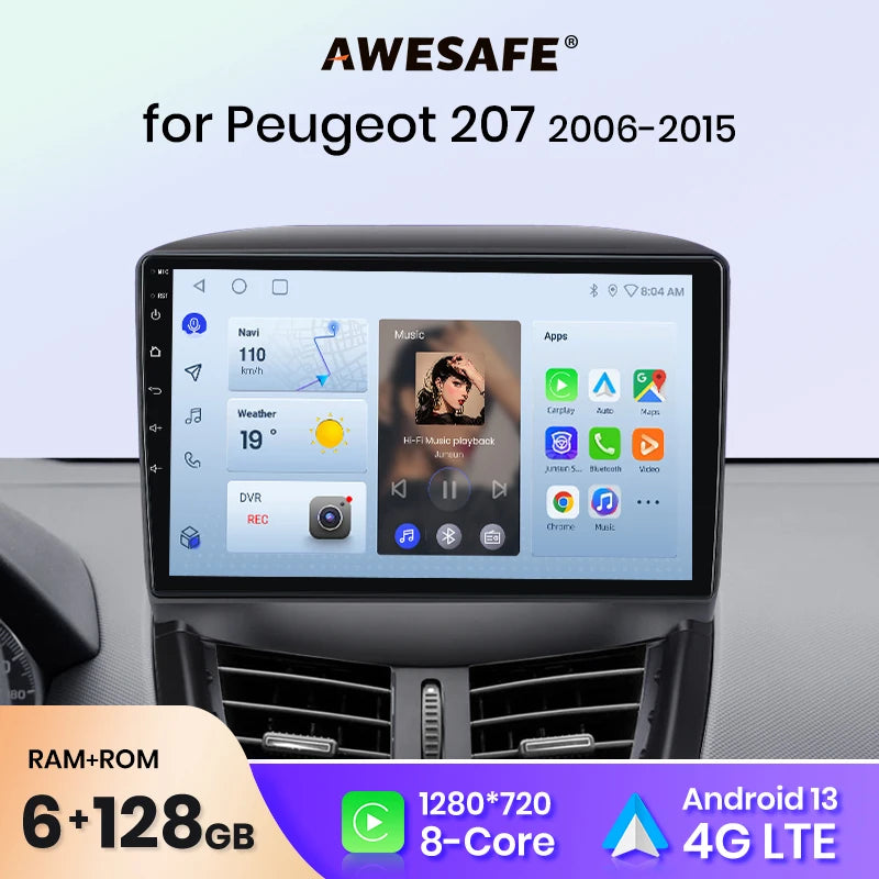 Autoradio écran pour PEUGEOT 207 207CC 2006-2015 avec CarPlay sans fil, Android Auto, GPS, Navi, FM RDS Bluetooth