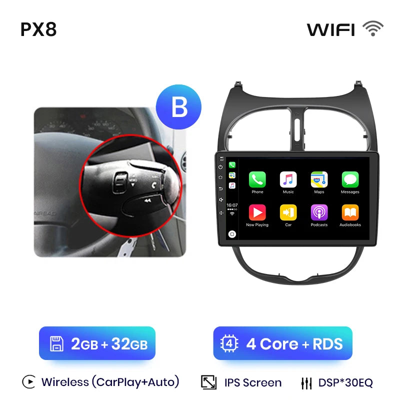 Autoradio écran pour Peugeot 206, 206CC, 206SW avec CarPlay sans fil pour Apple et Android Auto, GPS IPS, RDS, FM, WiFi, Bluetooth 4G, stéréo multimédia à 8 cœurs