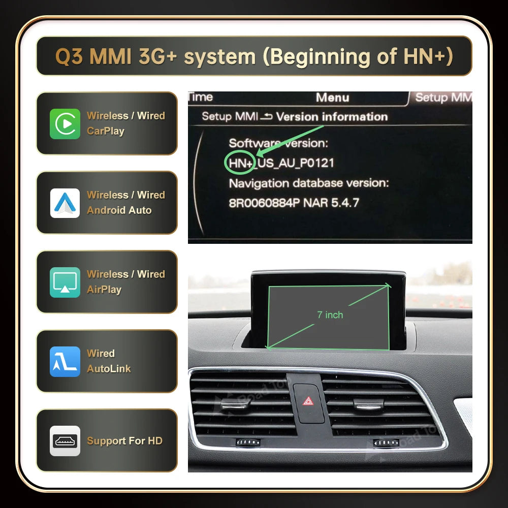 Autoradio écran avec CarPlay et Android Auto sans fil, compatible Audi A1 (2013-2018) et Q3 (2014-2018) – Systèmes RMC et HN+, avec Mirror Link et AirPlay.