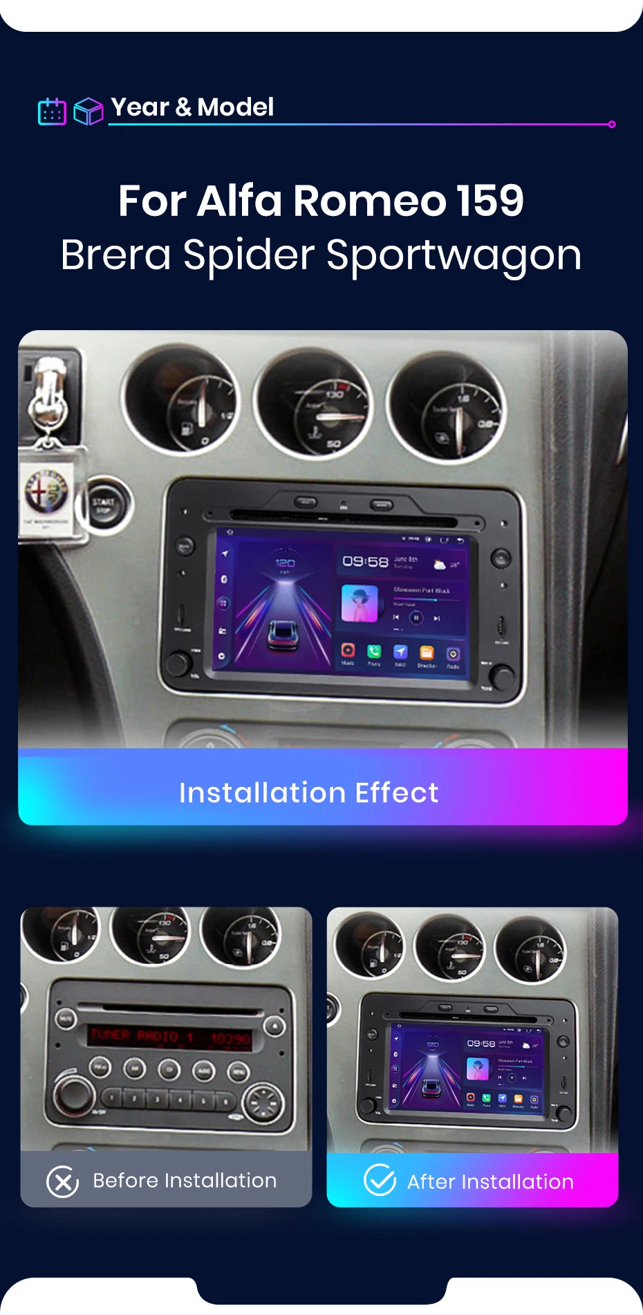 Autoradio CarPlay sans fil et Android Auto pour Alfa Romeo 159 Brera Spider Sportwagon GPS intégré autoradio