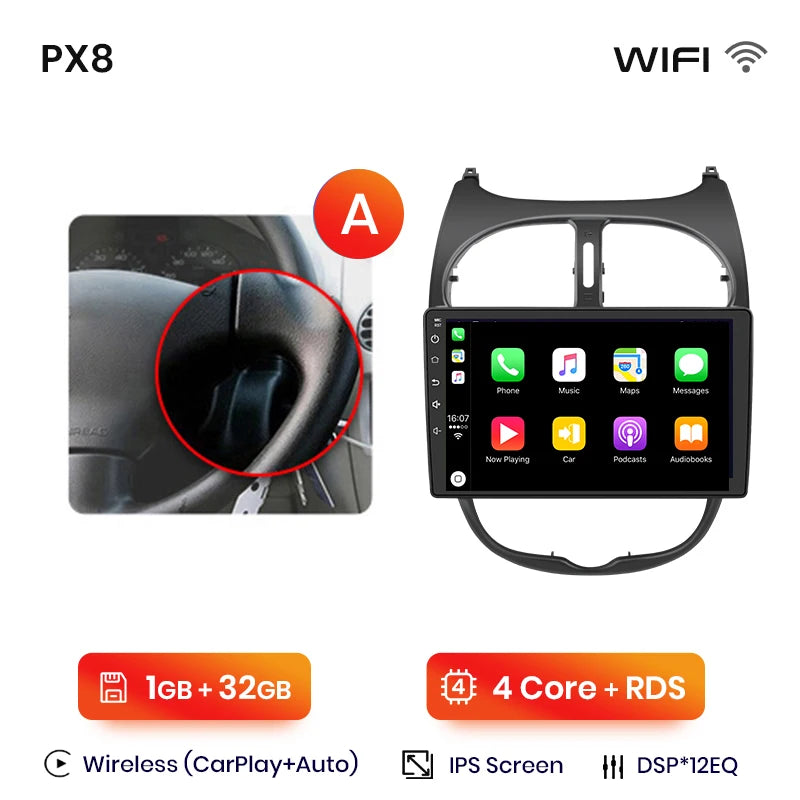 Autoradio écran pour Peugeot 206, 206CC, 206SW avec CarPlay sans fil pour Apple et Android Auto, GPS IPS, RDS, FM, WiFi, Bluetooth 4G, stéréo multimédia à 8 cœurs