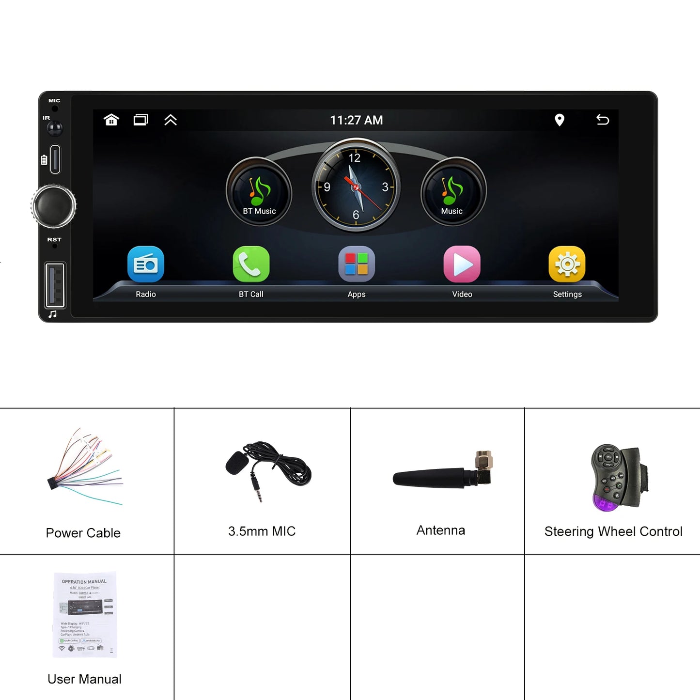 CarPlay Autoradio Android 1Din 6.86" GPS Navigation Player avec Android Auto, FM, WiFi, USB et Caméra de Recul