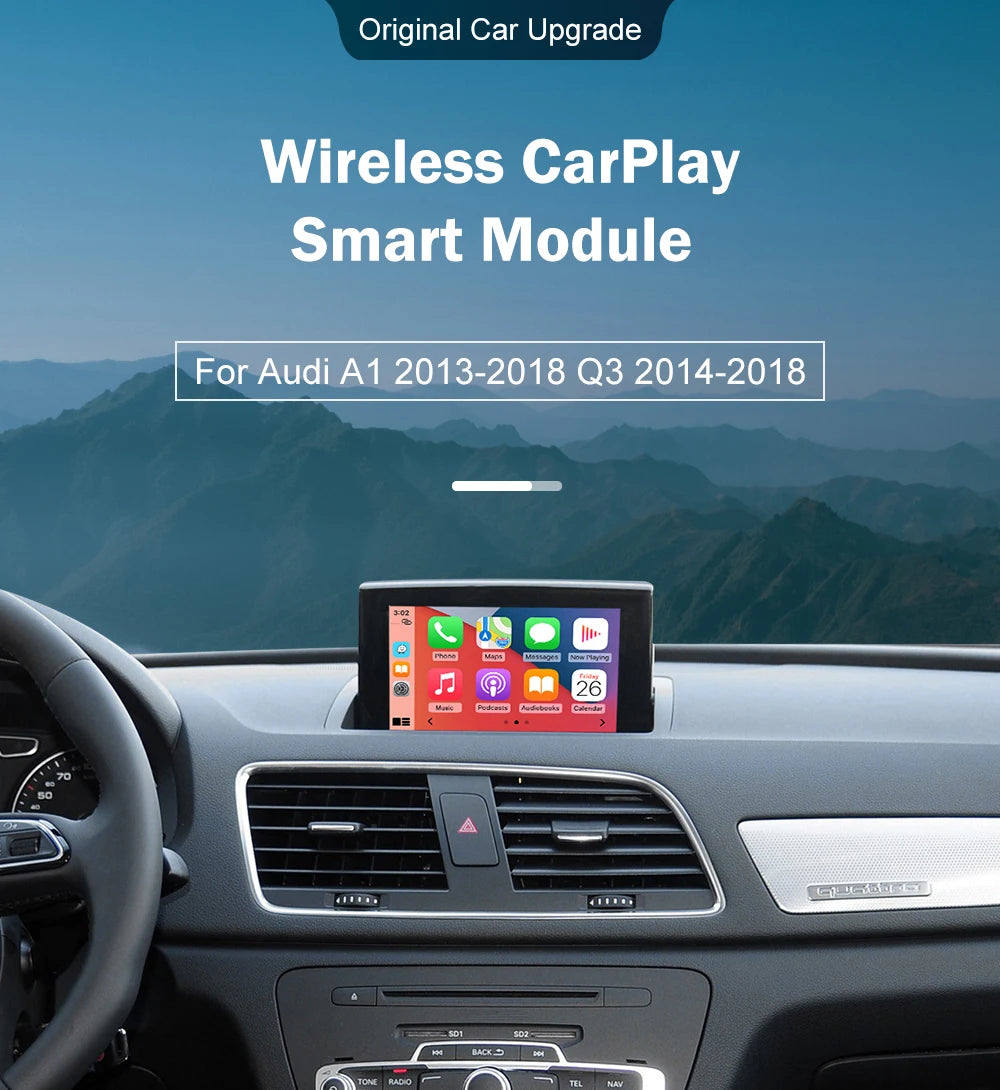 Autoradio écran avec CarPlay et Android Auto sans fil, compatible Audi A1 (2013-2018) et Q3 (2014-2018) – Systèmes RMC et HN+, avec Mirror Link et AirPlay.