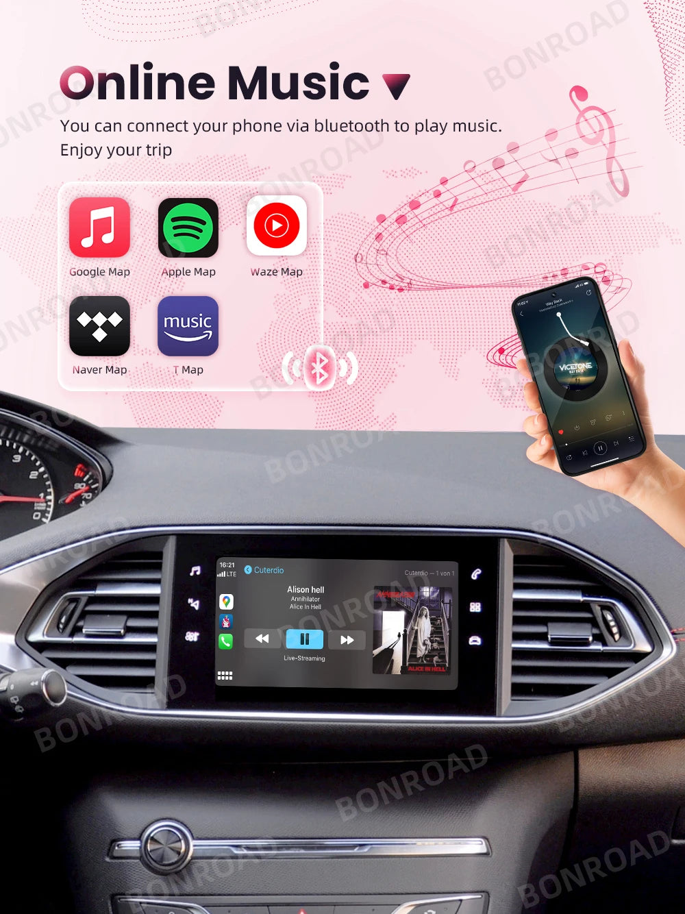 Android Auto et CarPlay sans fil pour Peugeot et Citroën – Compatible avec systèmes SMEG/MRN : Picasso, C4, C5, DS3, DS4, 208, 308, 508, 3008 – Connexion Bluetooth et MirrorLink