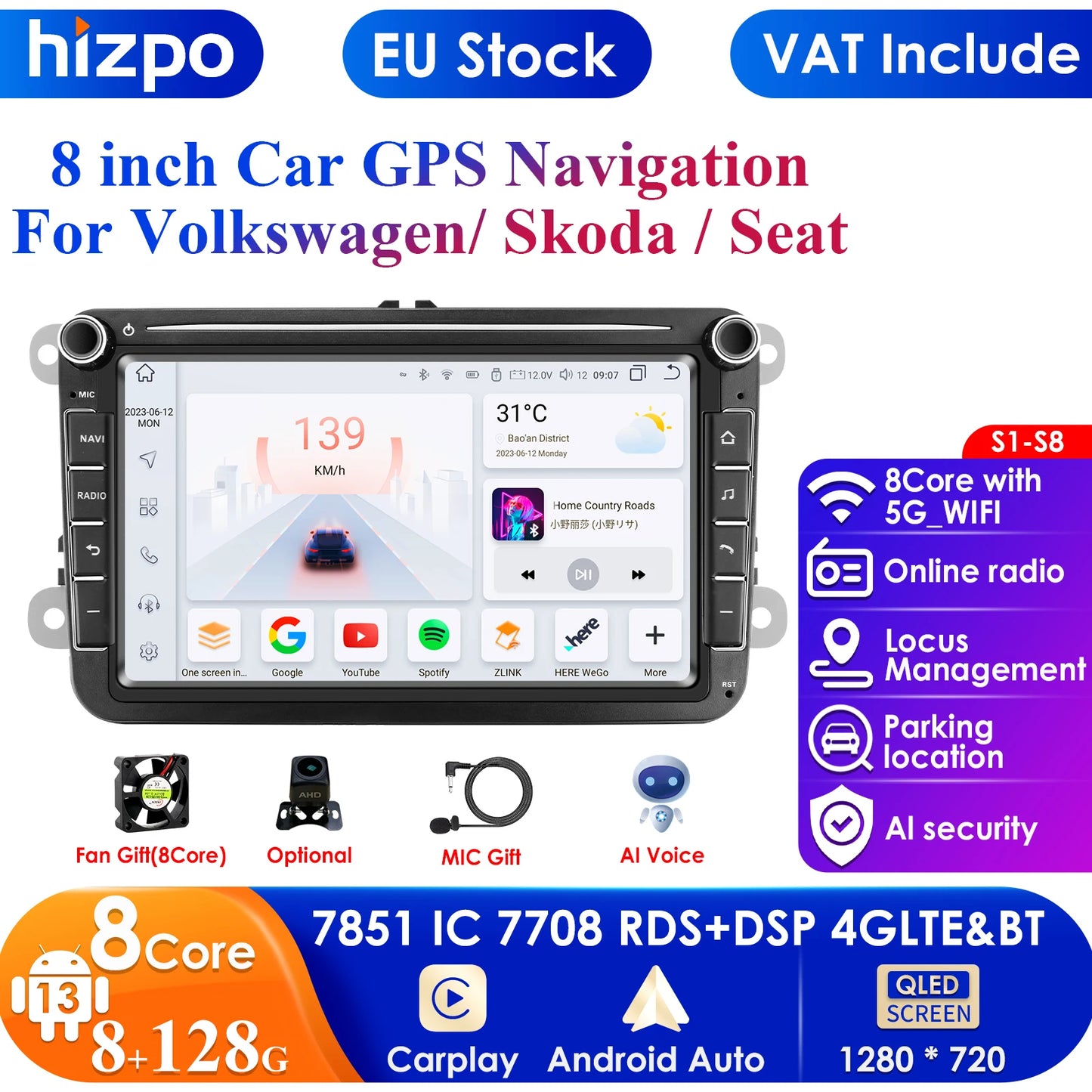 Autoradio Android avec CarPlay et GPS pour VW Caddy, Polo 5, Golf 5/6 Plus, Passat B6, Jetta, Tiguan, Touran, Sharan, Scirocco, Eos et Seat.