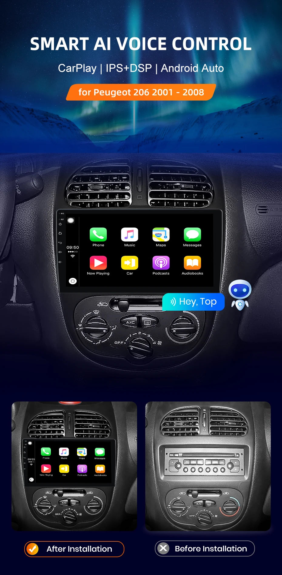 Autoradio écran pour Peugeot 206, 206CC, 206SW avec CarPlay sans fil pour Apple et Android Auto, GPS IPS, RDS, FM, WiFi, Bluetooth 4G, stéréo multimédia à 8 cœurs