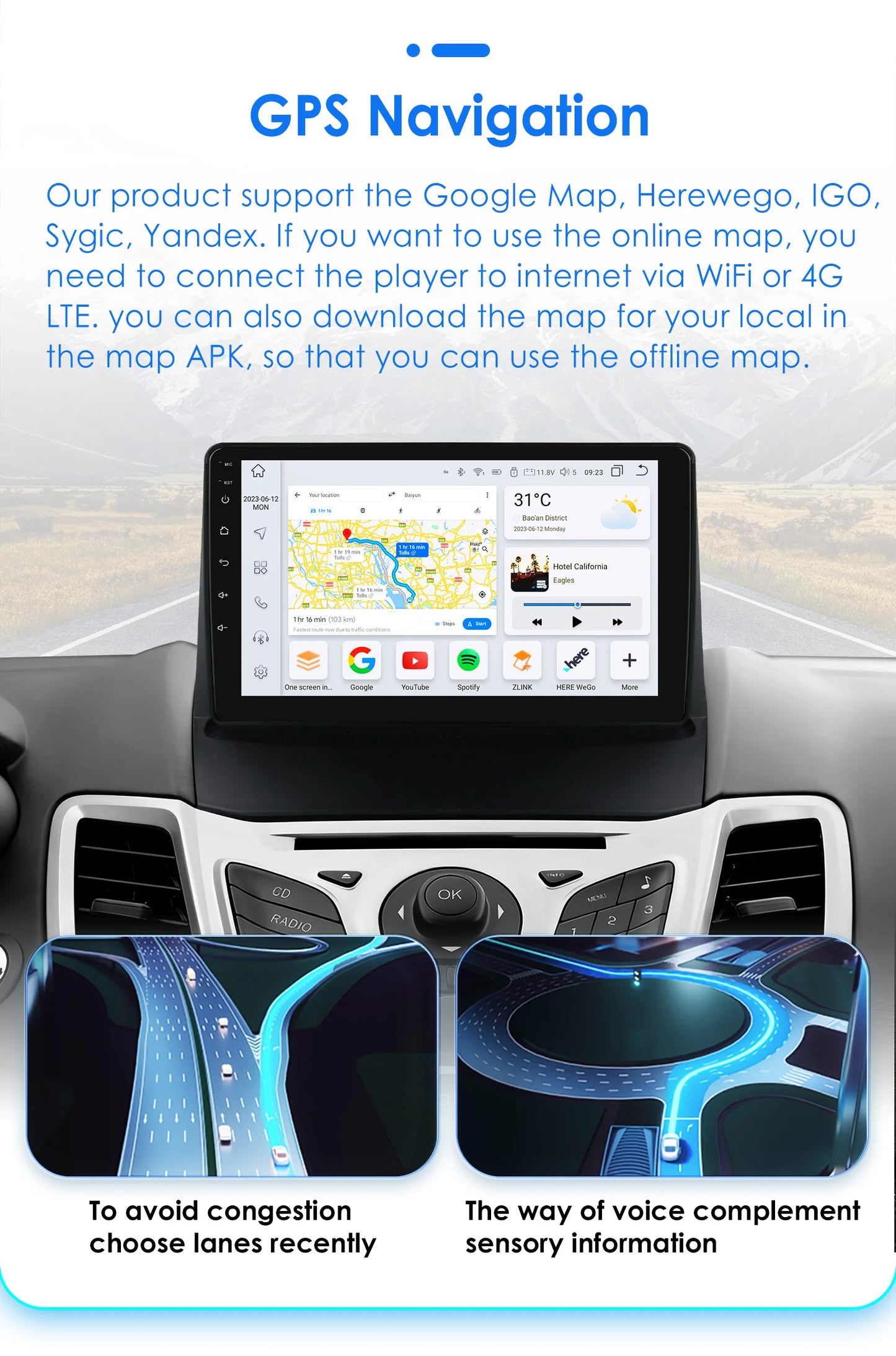 Autoradio 2 DIN Android avec CarPlay pour Ford Fiesta (2009–2017) – Lecteur Multimédia, Écran Intelligent, GPS, Navigation, RDS