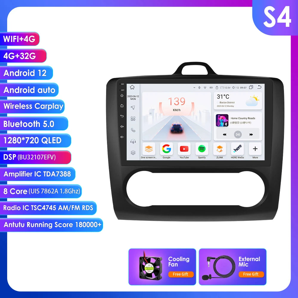 utoradio Android 9" Hizpo 2DIN avec GPS, Bluetooth, 4G, RDS, DSP, SWC et CarPlay – Compatible Ford Focus 2 Mk2 (2004-2011), Processeur UI7862