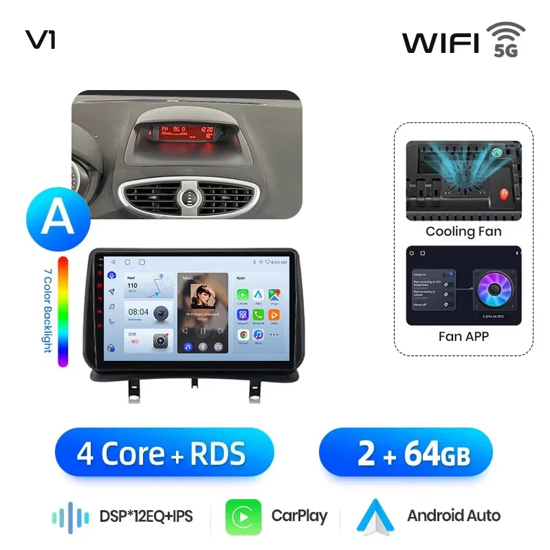 Autoradio CarPlay / Android Auto pour Renault Clio 3 (2005–2014)