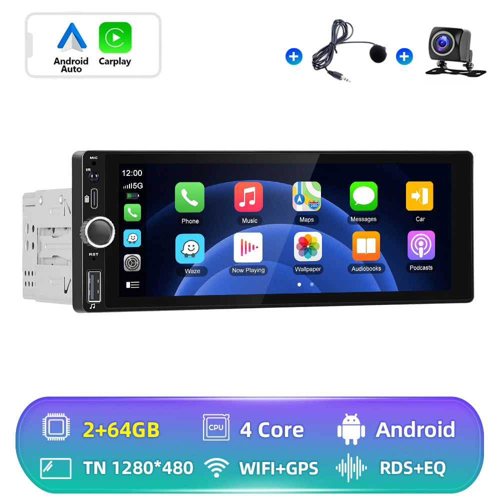 CarPlay Autoradio Android 1Din 6.86" GPS Navigation Player avec Android Auto, FM, WiFi, USB et Caméra de Recul