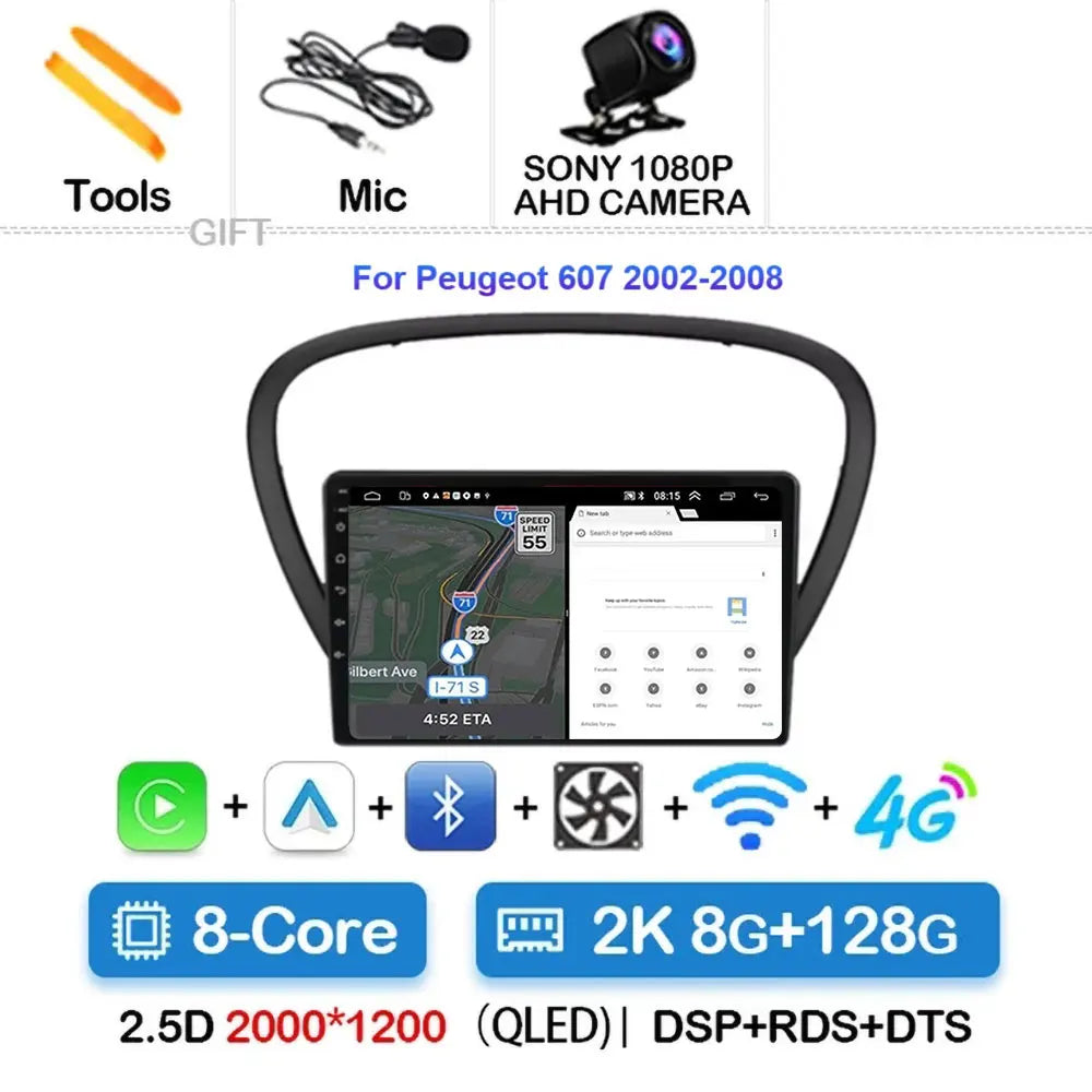 Autoradio Android 15 avec CarPlay pour Peugeot 607 (années 2002 à 2010)