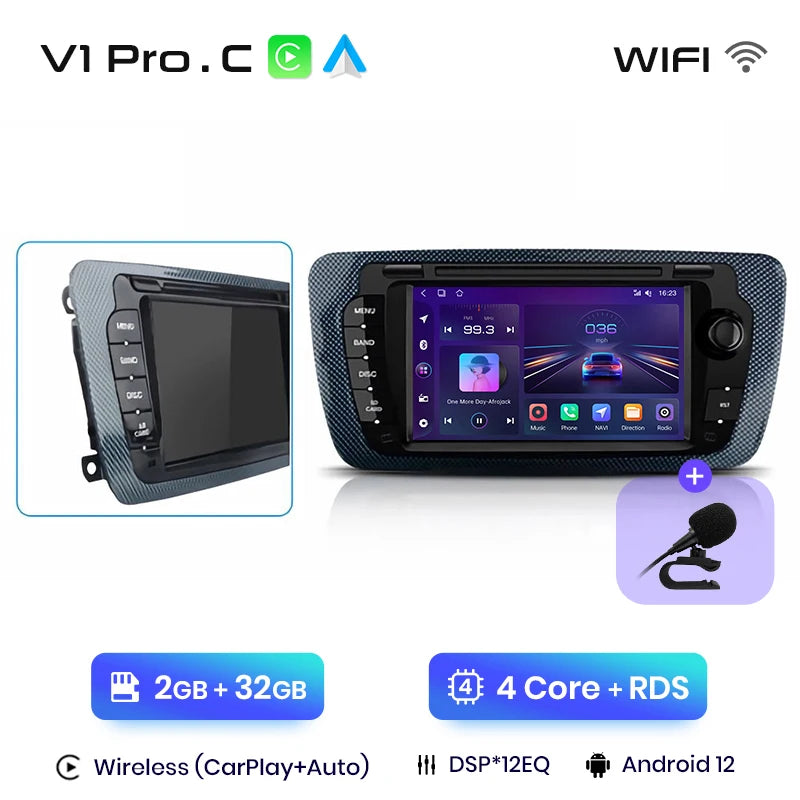 Autoradio écran avec CarPlay sans fil, Android Auto et GPS pour Seat Ibiza 6J (2009-2013) – Système multimédia intelligent pour voiture.