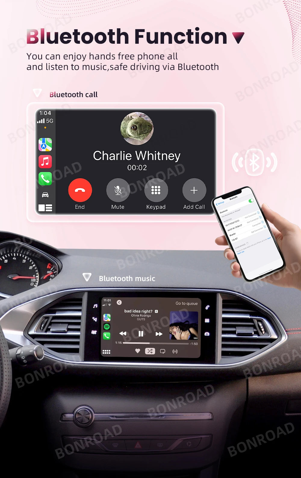 Android Auto et CarPlay sans fil pour Peugeot et Citroën – Compatible avec systèmes SMEG/MRN : Picasso, C4, C5, DS3, DS4, 208, 308, 508, 3008 – Connexion Bluetooth et MirrorLink