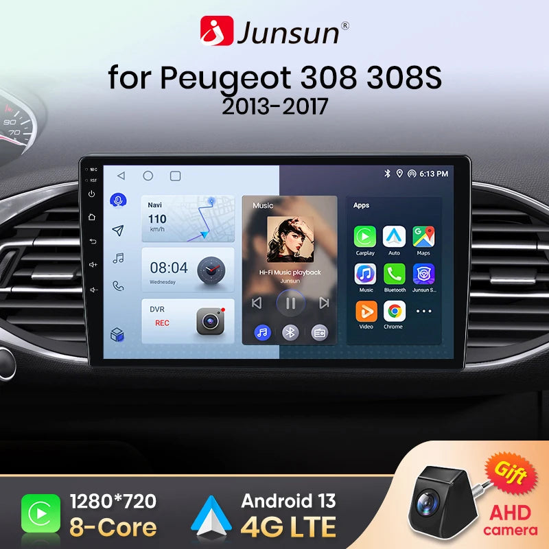 Autoradio CarPlay & Android Auto  9" Android 13 Pour Peugeot 308/308S (2013–2017) | AI Voice | Wireless | GPS | 4G | Double DIN